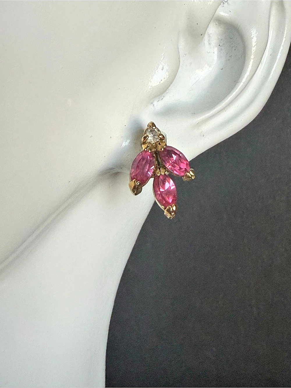 Vintage Pink Marquise Rhinestone Floral Stud Earrings Gold Pierced